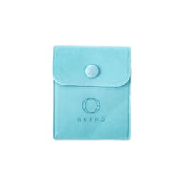 A flannel jewellery pouch in light blue with a button closure and a branding logo.