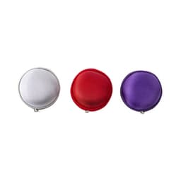 A custom round essential oil case in silver, red, and purple, featuring a zipped closure and a textured surface.