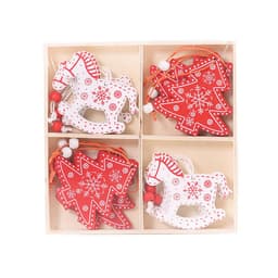 A wooden Christmas tree pendant set featuring red and white ornaments in a decorative box.