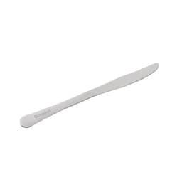 A stainless steel dinner knife with a sleek design and a subtle logo, featuring a shiny silver finish.
