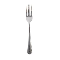 A stainless steel table fork with a shiny finish and a logo on the handle. Perfect for dining purposes.