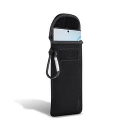 A black neoprene smartphone pouch with a carabiner, holding a smartphone inside, featuring a velcro closure.