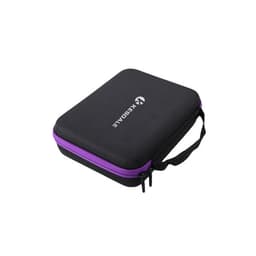A black and purple essential oil bottle storage bag with a handle, featuring a logo on the front.