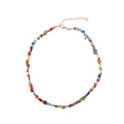 A colourful glass stone necklace featuring various shapes and hues, with a gold-tone clasp and extension chain.