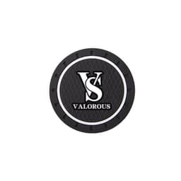A round black anti-slip car cup coaster featuring a textured design and a logo in the centre.