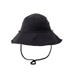 A black double-sided wide brim bucket hat with a chin strap and a simple logo on the side.