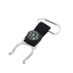 A drink bottle buckle with a black strap and compass, featuring a metal carabiner for attachment.