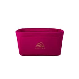 A pink felt organiser insert bag features a logo and multiple compartments for easy storage in handbags.