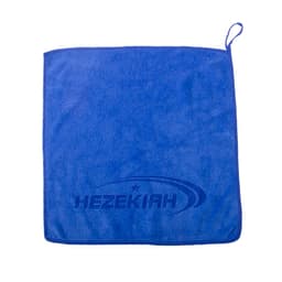 A blue double-sided microfiber cleaning towel featuring a logo. Soft texture ideal for cleaning tasks.