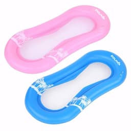 A pink and blue printed pool lounger float, featuring palm tree designs and a transparent centre, with a logo visible.