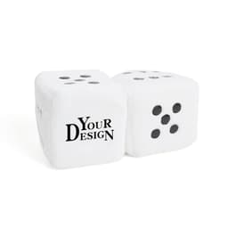 Two white fuzzy dice featuring black spots and a space for custom design.
