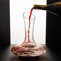 A glass red wine decanter with a wide base and narrow neck, coloured clear with a pouring bottle.