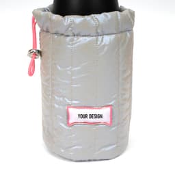 A drink bottle holder bag in shiny silver with a pink drawstring and a placeholder for custom design.