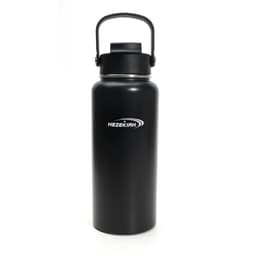 A drink bottle in matte black stainless steel with a handle and a logo.