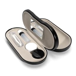 A black and beige double-sided glasses case with a mirror, a cylinder, and a round container inside.