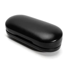 A black, double-sided glasses case with a smooth finish and a sleek, oval shape. It has a logo on the surface.