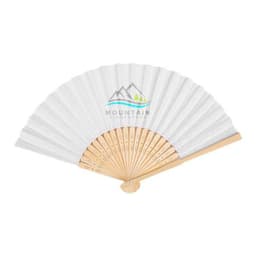 A folding bamboo hand-held paper fan with a white design and a logo, featuring a bamboo handle.