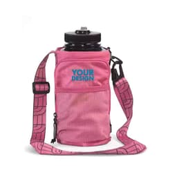 A drink bottle carrier bag in pink, featuring a mesh design and a strap, with a pocket for a phone and a logo.