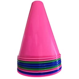 A pink megaphone and popcorn holder with multi-coloured accents, stacked in a conical shape.