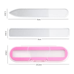 Custom nano nail files and buffers in transparent and pink packaging, featuring three different file designs.