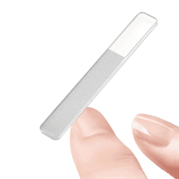 A custom nano nail file buffer with a smooth, transparent design, being held by a fingertip.