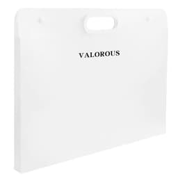 A white custom plastic art portfolio with a handle and a logo on the front.