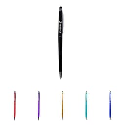 A 2 In 1 stylus ballpoint pen in black, with additional pens in purple, gold, blue, teal, and red below.