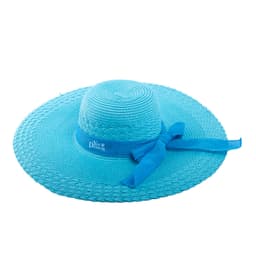 A wide-brimmed straw hat in vibrant blue, featuring a coordinating bow and a logo.