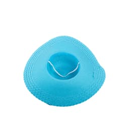 A wide-brim floppy straw hat in bright blue, featuring a circular opening and internal strap. It has a textured finish.