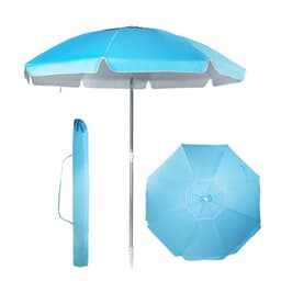 A blue beach umbrella with a silver pole, featuring a protective covering and a matching carry case.