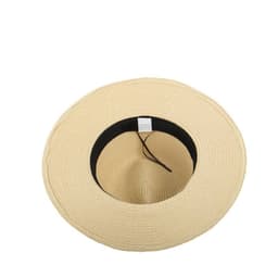 A wide-brimmed straw Panama hat in a light tan colour, featuring a black inner lining and a decorative band.