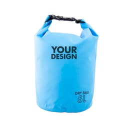 A 5L waterproof dry bag in blue with a handle and a logo, suitable for outdoor use.