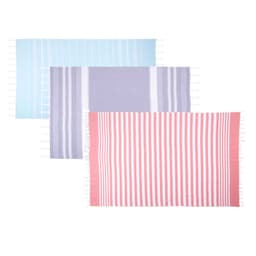 A set of three high-quality striped Turkish beach towels in blue, grey, and pink with fringed edges.