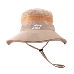 A beige mesh breathable fishing boonie hat featuring a wide brim and an adjustable string. It has a logo on the front.
