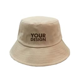 A beige unisex cotton bucket hat featuring a logo or branding, designed for lightweight wear.
