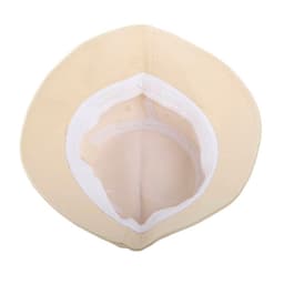 A beige unisex cotton bucket hat with a white inner lining, featuring a branded logo inside.