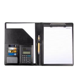 A4 faux leather padfolio in black, featuring a clipboard, calculator, card slots, and notepad.