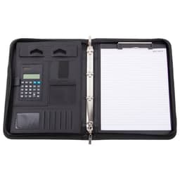 A4 black PU leather zippered conference folder featuring a calculator, pockets, and a writing pad.