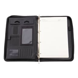A4 black PU leather zippered padfolio featuring a handle, interior pockets, and lined paper.
