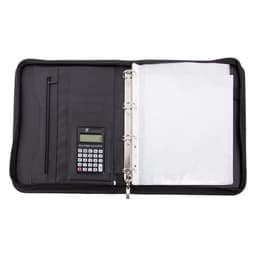 A zippered black leather 4-ring binder padfolio featuring a calculator and clear plastic sleeves.