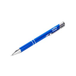 A blue metal click ballpoint pen with silver accents and a branding area. Suitable for promotional use.