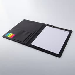 A black PU leather A4 portfolio featuring a notepad, card slots, and colourful sticky notes.