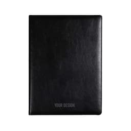 A black PU leather A4 portfolio featuring a smooth surface and a logo area for custom design.