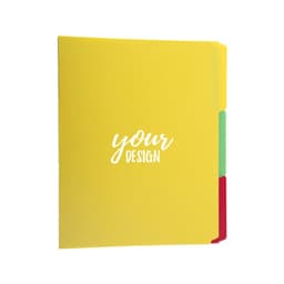 A colourful plastic file folder in yellow, with tabs in green and red, featuring a logo on the front.