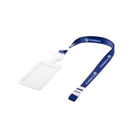 A white hard plastic badge holder with a blue lanyard, featuring a logo and a clip for attaching.