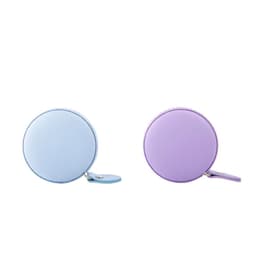 A round measuring tape in light blue and lavender, featuring a keyring attachment and a logo.