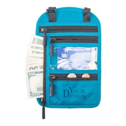A teal RFID blocking neck passport holder with zipped pockets, containing cash and cards, and featuring a logo.