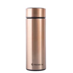A drink bottle in a sleek, copper finish with a stainless steel design and a logo on the front.