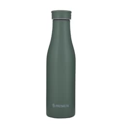 A drink bottle made of double-walled stainless steel in a matte green finish, featuring a logo.