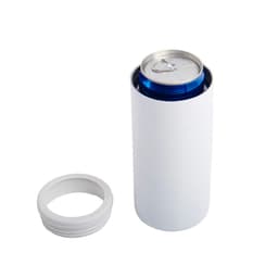 A drink can cooler in white stainless steel with a removable lid, designed for slim beer cans.